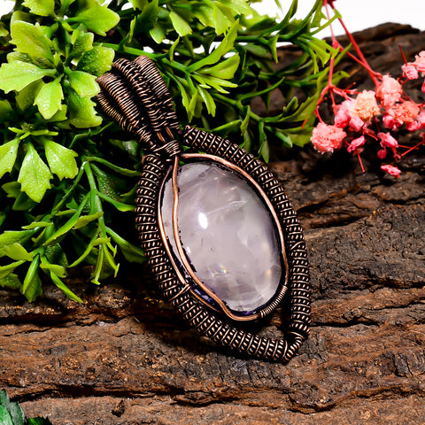 Fabulous Top Grade Quality 100% Natural Rose Quartz Gemstone Oval Vintage Handmade Pure Copper Wire Wrapped Pendant 2.6