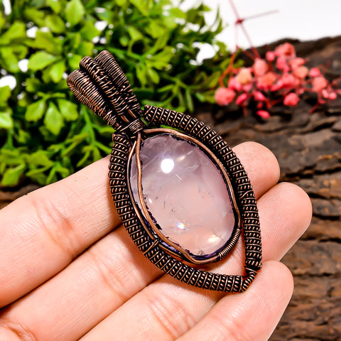 Fabulous Top Grade Quality 100% Natural Rose Quartz Gemstone Oval Vintage Handmade Pure Copper Wire Wrapped Pendant 2.6