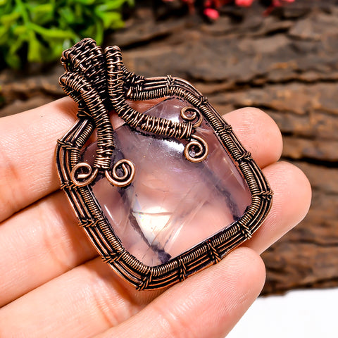 Gorgeous Top Grade Quality 100% Natural Rose Quartz Gemstone Cushion Vintage Handmade Pure Copper Wire Wrapped Pendant 2