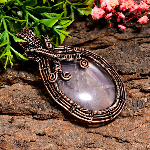 Immaculate Top Grade Quality 100% Natural Rose Quartz Gemstone Oval Vintage Handmade Pure Copper Wire Wrapped Pendant 2.5