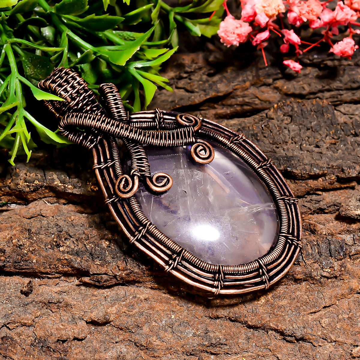 Immaculate Top Grade Quality 100% Natural Rose Quartz Gemstone Oval Vintage Handmade Pure Copper Wire Wrapped Pendant 2.5" 20 gms. KR10-13 Sunkarton
