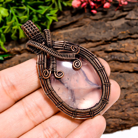 Immaculate Top Grade Quality 100% Natural Rose Quartz Gemstone Oval Vintage Handmade Pure Copper Wire Wrapped Pendant 2.5