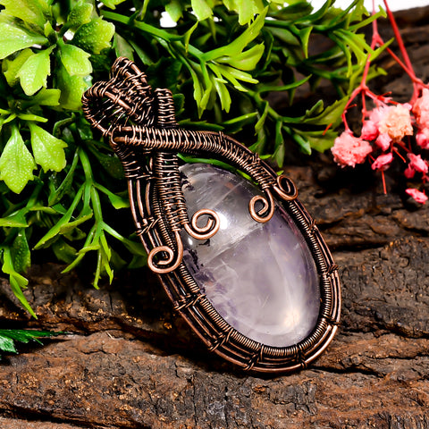 Incredible Top Grade Quality 100% Natural Rose Quartz Gemstone Oval Vintage Handmade Pure Copper Wire Wrapped Pendant 2.4