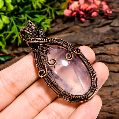Incredible Top Grade Quality 100% Natural Rose Quartz Gemstone Oval Vintage Handmade Pure Copper Wire Wrapped Pendant 2.4