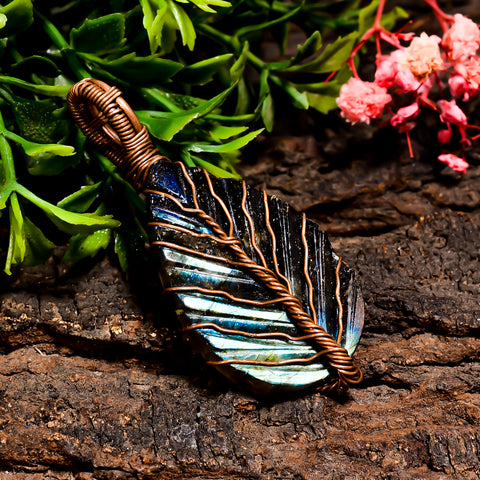 Marvellous Top Grade Quality 100% Natural Labradorite Gemstone Leaf Vintage Handmade Pure Copper Wire Wrapped Pendant 2