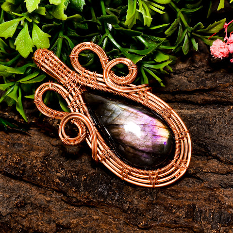 Mind Blowing A One Quality 100% Natural Labradorite Gemstone Pear Vintage Handmade Pure Copper Wire Wrapped Pendant 2.4