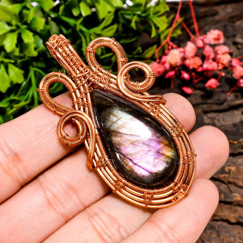 Mind Blowing A One Quality 100% Natural Labradorite Gemstone Pear Vintage Handmade Pure Copper Wire Wrapped Pendant 2.4