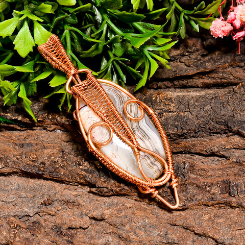 Splendid A One Quality 100% Natural Crazy Lace Agate Gemstone Oval Vintage Handmade Pure Copper Wire Wrapped Pendant 2.6