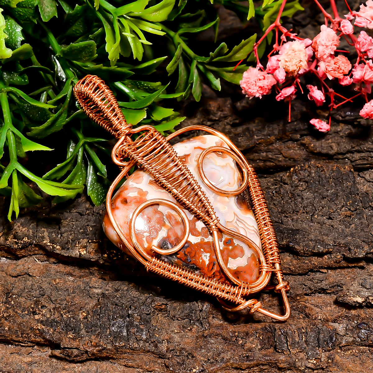 Superb Top Grade Quality 100% Natural Crazy Lace Agate Gemstone Pear Vintage Handmade Pure Copper Wire Wrapped Pendant 2.4" 15.6 gms KR10-19 Sunkarton