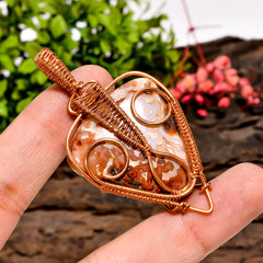 Superb Top Grade Quality 100% Natural Crazy Lace Agate Gemstone Pear Vintage Handmade Pure Copper Wire Wrapped Pendant 2.4" 15.6 gms KR10-19 Sunkarton