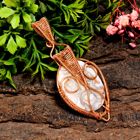 Stunning A One Quality 100% Natural Crazy Lace Agate Gemstone Oval Vintage Handmade Pure Copper Wire Wrapped Pendant 2.8