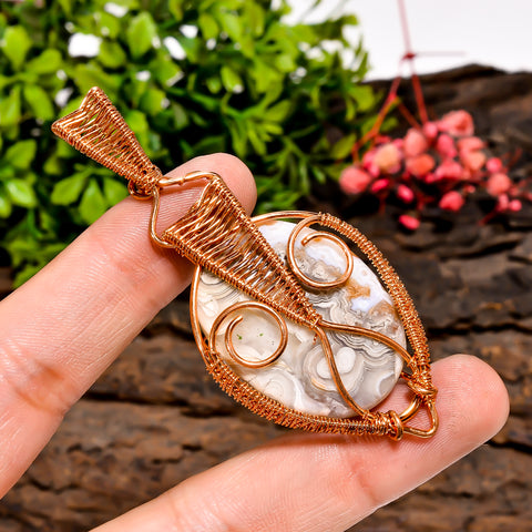 Stunning A One Quality 100% Natural Crazy Lace Agate Gemstone Oval Vintage Handmade Pure Copper Wire Wrapped Pendant 2.8