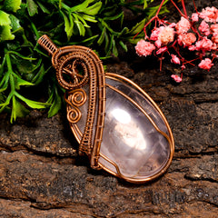 Supreme Top Grade Quality 100% Natural Rose Quartz Gemstone Oval Vintage Handmade Pure Copper Wire Wrapped Pendant 2.6" 26.6 gms. KR10-21 Sunkarton