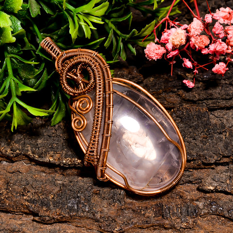 Supreme Top Grade Quality 100% Natural Rose Quartz Gemstone Oval Vintage Handmade Pure Copper Wire Wrapped Pendant 2.6