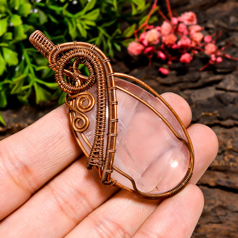 Supreme Top Grade Quality 100% Natural Rose Quartz Gemstone Oval Vintage Handmade Pure Copper Wire Wrapped Pendant 2.6