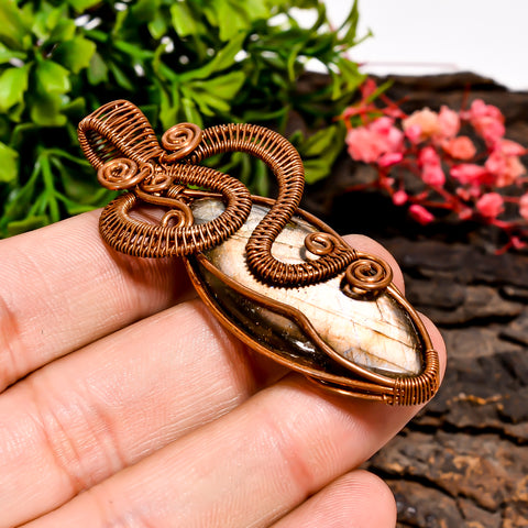Tempting A One Quality 100% Natural Labradorite Gemstone Marquise Vintage Handmade Pure Copper Wire Wrapped Pendant 2.4