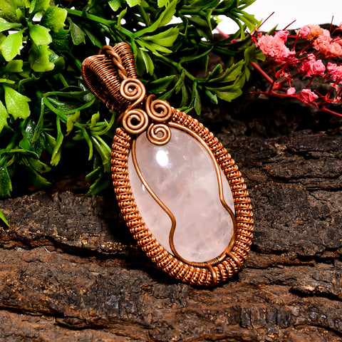 Terrific Top Grade Quality 100% Natural Rose Quartz Gemstone Oval Vintage Handmade Pure Copper Wire Wrapped Pendant 2.4