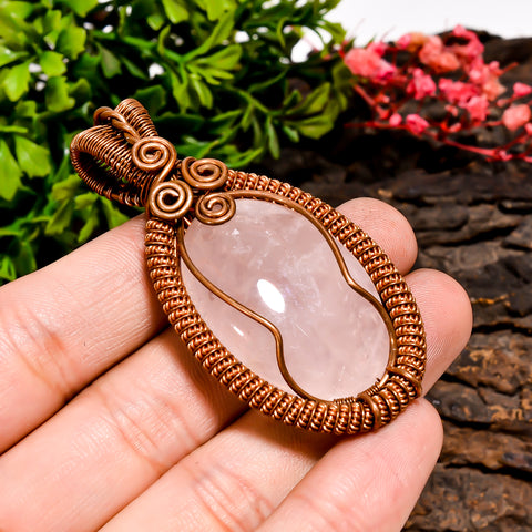 Terrific Top Grade Quality 100% Natural Rose Quartz Gemstone Oval Vintage Handmade Pure Copper Wire Wrapped Pendant 2.4