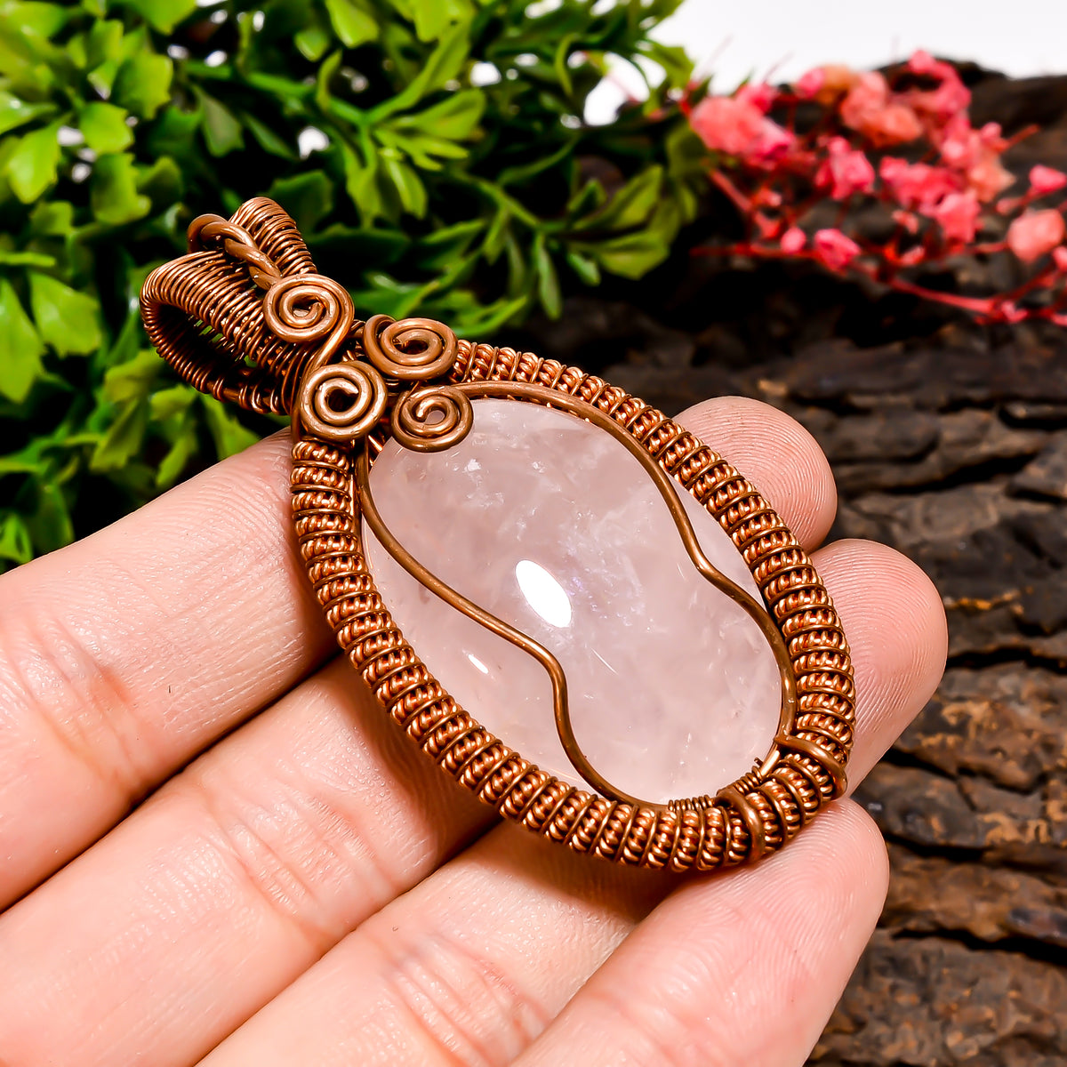 Terrific Top Grade Quality 100% Natural Rose Quartz Gemstone Oval Vintage Handmade Pure Copper Wire Wrapped Pendant 2.4" 25.2 gms. KR10-23 Sunkarton