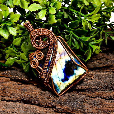 Wonderful Top Grade Quality 100% Natural Labradorite Gemstone Radiant Vintage Handmade Pure Copper Wire Wrapped Pendant 2.1
