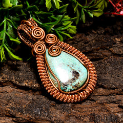 Amazing A One Quality 100% Natural Tibetan Turquoise Gemstone Pear Vintage Handmade Pure Copper Wire Wrapped Pendant 2.1" 16.1 gms. KR10-26 Sunkarton