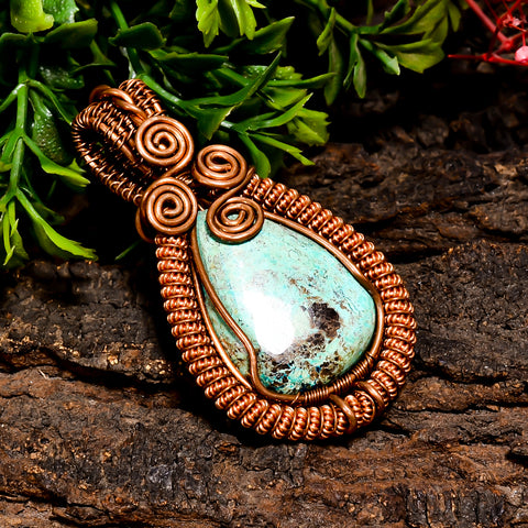 Amazing A One Quality 100% Natural Tibetan Turquoise Gemstone Pear Vintage Handmade Pure Copper Wire Wrapped Pendant 2.1