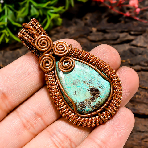 Amazing A One Quality 100% Natural Tibetan Turquoise Gemstone Pear Vintage Handmade Pure Copper Wire Wrapped Pendant 2.1