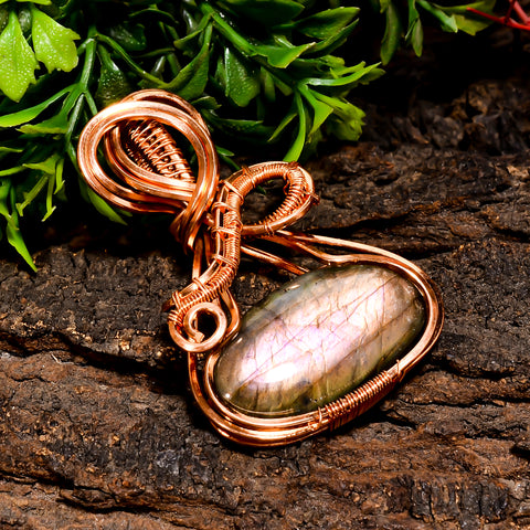 Attractive Top Grade Quality 100% Natural Labradorite Gemstone Oval Vintage Handmade Pure Copper Wire Wrapped Pendant 2.1