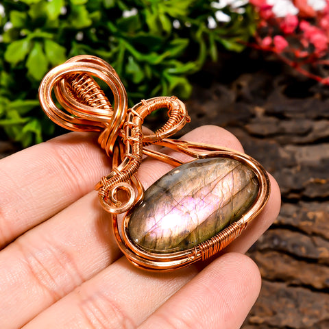 Attractive Top Grade Quality 100% Natural Labradorite Gemstone Oval Vintage Handmade Pure Copper Wire Wrapped Pendant 2.1