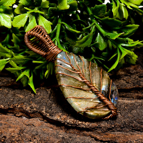 Awesome Top Grade Quality 100% Natural Labradorite Gemstone Leaf Vintage Handmade Jewelry Pure Copper Wire Wrapped Pendant 2