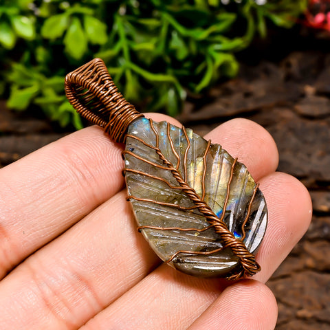 Awesome Top Grade Quality 100% Natural Labradorite Gemstone Leaf Vintage Handmade Jewelry Pure Copper Wire Wrapped Pendant 2