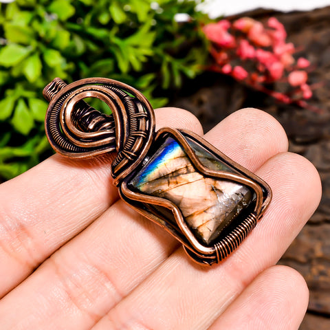 Beautiful A One Quality 100% Natural Labradorite Gemstone Radiant Vintage Handmade Pure Copper Wire Wrapped Pendant 2.1