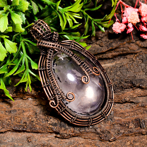 Attractive Top Grade Quality 100% Natural Rose Quartz Gemstone Oval Vintage Handmade Pure Copper Wire Wrapped Pendant 2.3