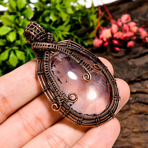 Attractive Top Grade Quality 100% Natural Rose Quartz Gemstone Oval Vintage Handmade Pure Copper Wire Wrapped Pendant 2.3