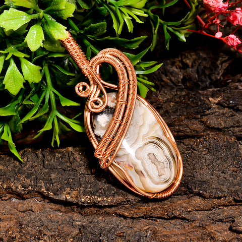 Classic Top Grade Quality 100% Natural Crazy Lace Agate Gemstone Oval Vintage Handmade Pure Copper Wire Wrapped Pendant 2.3