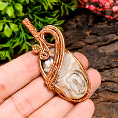 Classic Top Grade Quality 100% Natural Crazy Lace Agate Gemstone Oval Vintage Handmade Pure Copper Wire Wrapped Pendant 2.3" 13 gms. KR10-30 Sunkarton