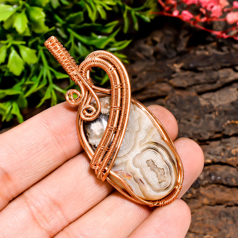 Classic Top Grade Quality 100% Natural Crazy Lace Agate Gemstone Oval Vintage Handmade Pure Copper Wire Wrapped Pendant 2.3