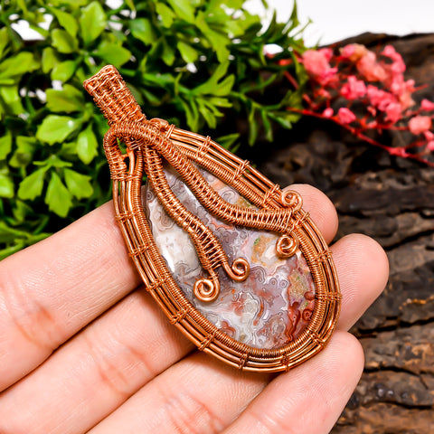 Dazzling A One Quality 100% Natural Crazy Lace Agate Gemstone Fancy Vintage Handmade Pure Copper Wire Wrapped Pendant 2.5