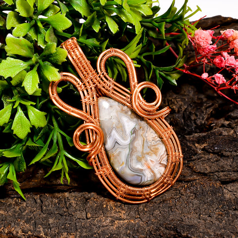 Excellent A One Quality 100% Natural Crazy Lace Agate Gemstone Pear Vintage Handmade Pure Copper Wire Wrapped Pendant 2.4
