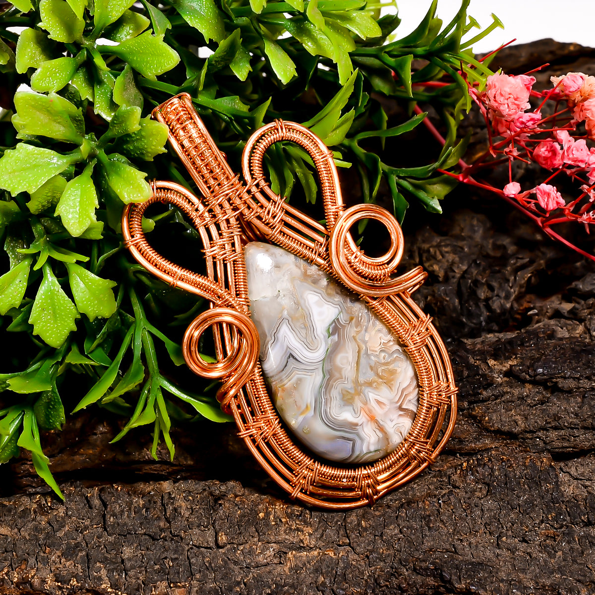Excellent A One Quality 100% Natural Crazy Lace Agate Gemstone Pear Vintage Handmade Pure Copper Wire Wrapped Pendant 2.4" 13.9 gms. KR10-32 Sunkarton