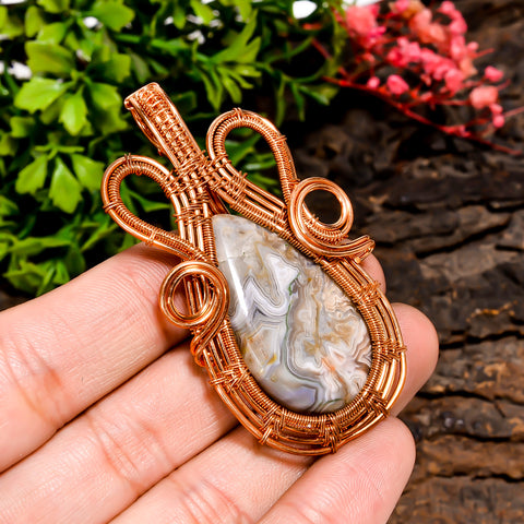 Excellent A One Quality 100% Natural Crazy Lace Agate Gemstone Pear Vintage Handmade Pure Copper Wire Wrapped Pendant 2.4