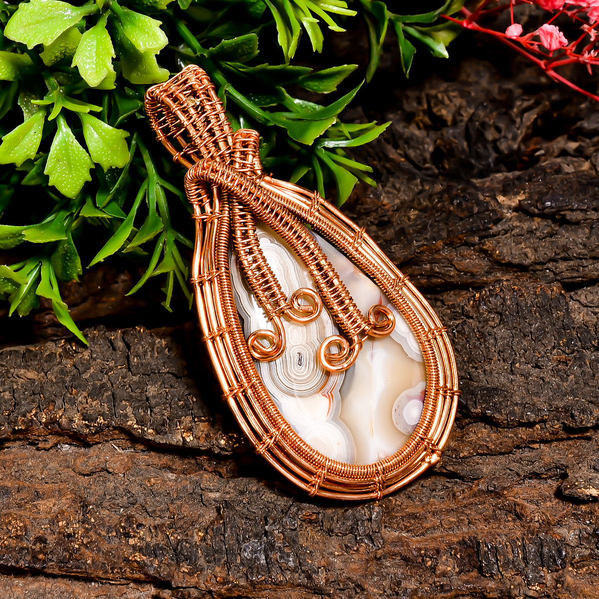 Exclusive A One Quality 100% Natural Crazy Lace Agate Gemstone Pear Vintage Handmade Pure Copper Wire Wrapped Pendant 2.4" 17.8 gms. KR10-33 Sunkarton