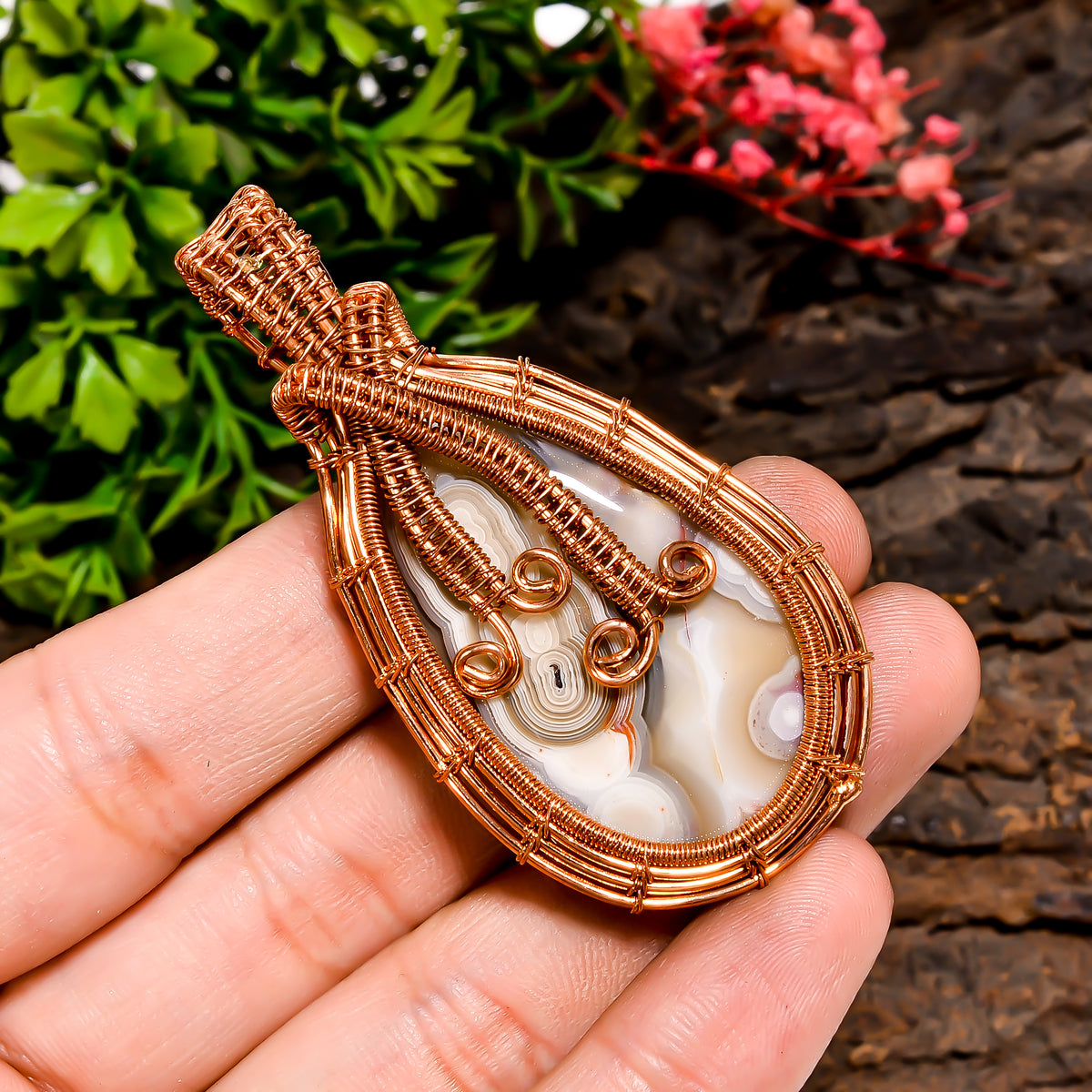 Exclusive A One Quality 100% Natural Crazy Lace Agate Gemstone Pear Vintage Handmade Pure Copper Wire Wrapped Pendant 2.4" 17.8 gms. KR10-33 Sunkarton