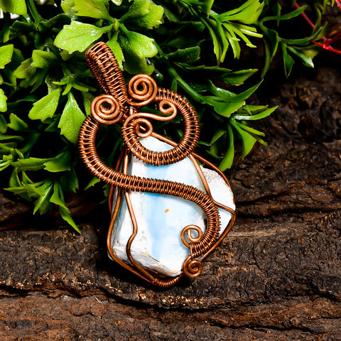 Elegant Top Grade Quality 100% Natural Larimar Gemstone Fancy Vintage Handmade Jewelry Pure Copper Wire Wrapped Pendant 2.1