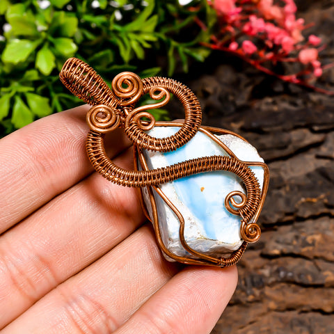Elegant Top Grade Quality 100% Natural Larimar Gemstone Fancy Vintage Handmade Jewelry Pure Copper Wire Wrapped Pendant 2.1