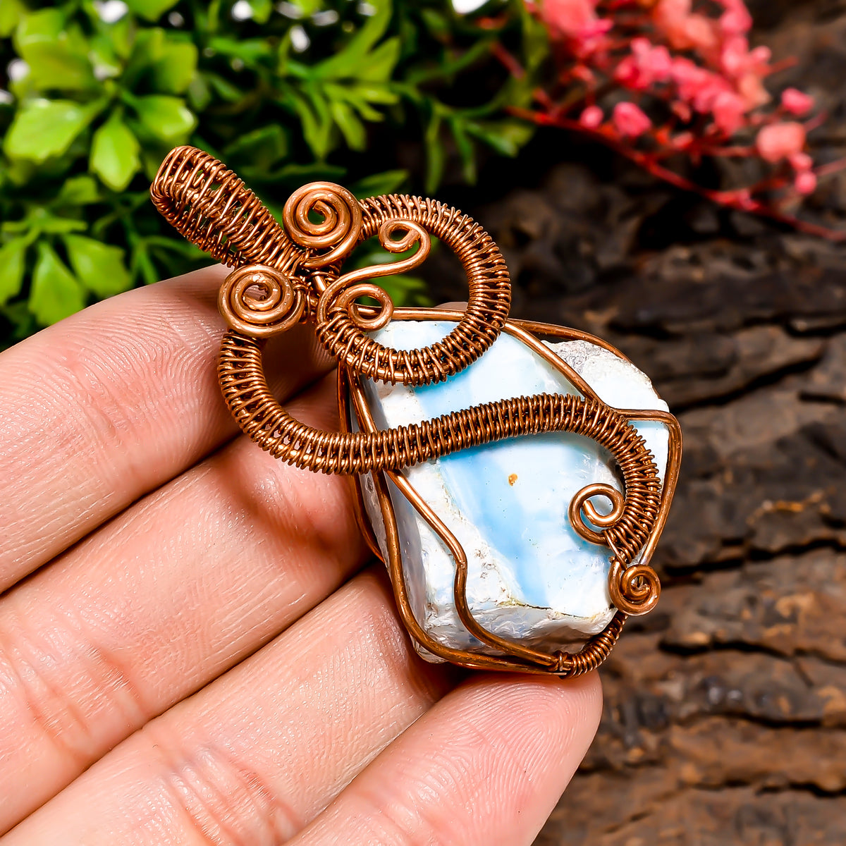 Elegant Top Grade Quality 100% Natural Larimar Gemstone Fancy Vintage Handmade Jewelry Pure Copper Wire Wrapped Pendant 2.1" 21.6 gms KR1034 Sunkarton