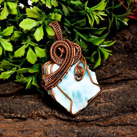 Fabulous Top Grade Quality 100% Natural Larimar Gemstone Fancy Vintage Handmade Pure Copper Wire Wrapped Pendant 2.1