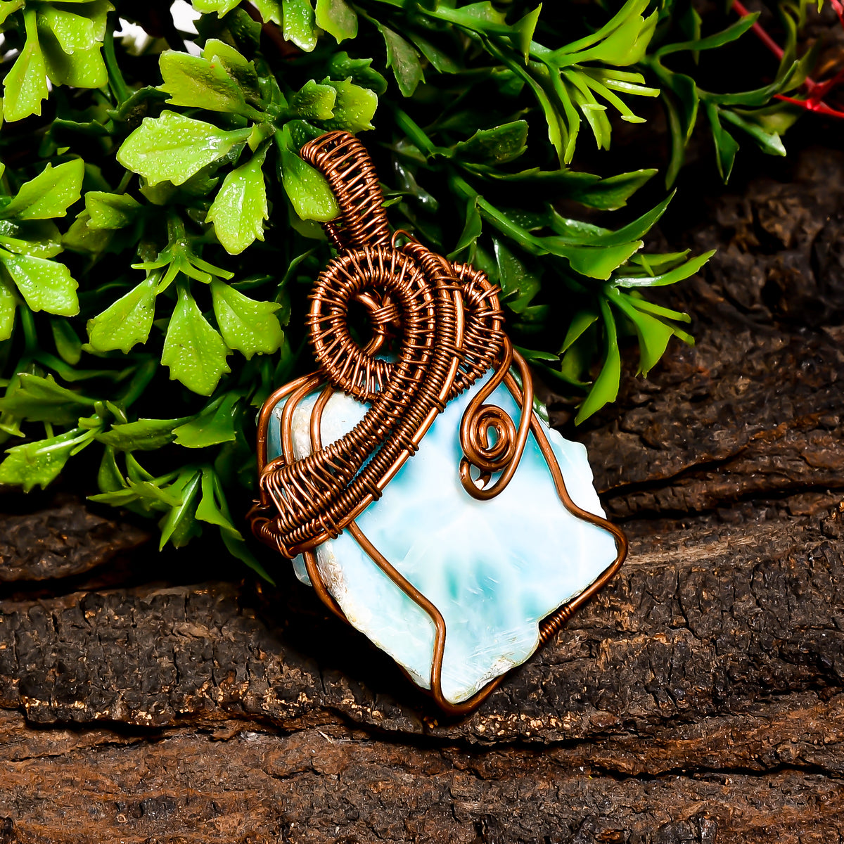 Fabulous Top Grade Quality 100% Natural Larimar Gemstone Fancy Vintage Handmade Pure Copper Wire Wrapped Pendant 2.1" 25.9 gms. KR10-35 Sunkarton