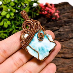 Fabulous Top Grade Quality 100% Natural Larimar Gemstone Fancy Vintage Handmade Pure Copper Wire Wrapped Pendant 2.1" 25.9 gms. KR10-35 Sunkarton