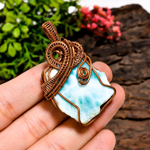 Fabulous Top Grade Quality 100% Natural Larimar Gemstone Fancy Vintage Handmade Pure Copper Wire Wrapped Pendant 2.1